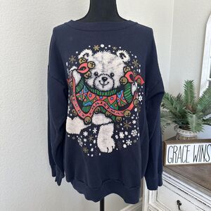 MBC Vintage Christmas ugly sweater bear holiday crewneck womens large w/stains